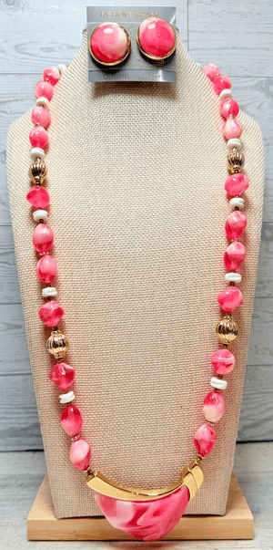 3B. 1960s Pink & White Swirl Lucite Necklace & Earrings Set - Thumbnail 2