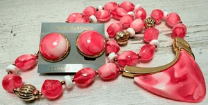 3B. 1960s Pink & White Swirl Lucite Necklace & Earrings Set