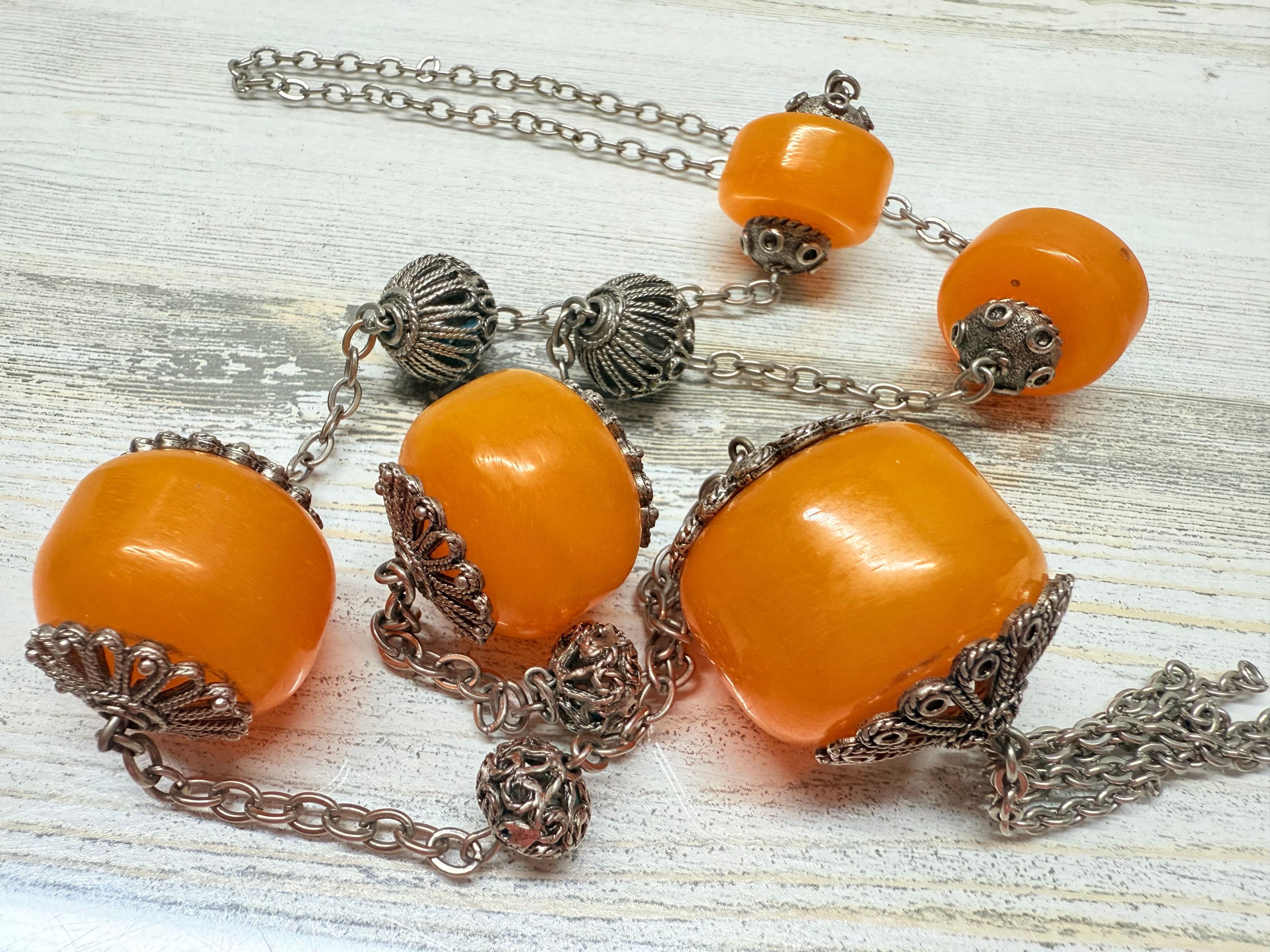 7A. Vintage 1960s Turkish Light Orange Copal Amber & Silver Tone Necklace - Thumbnail 7