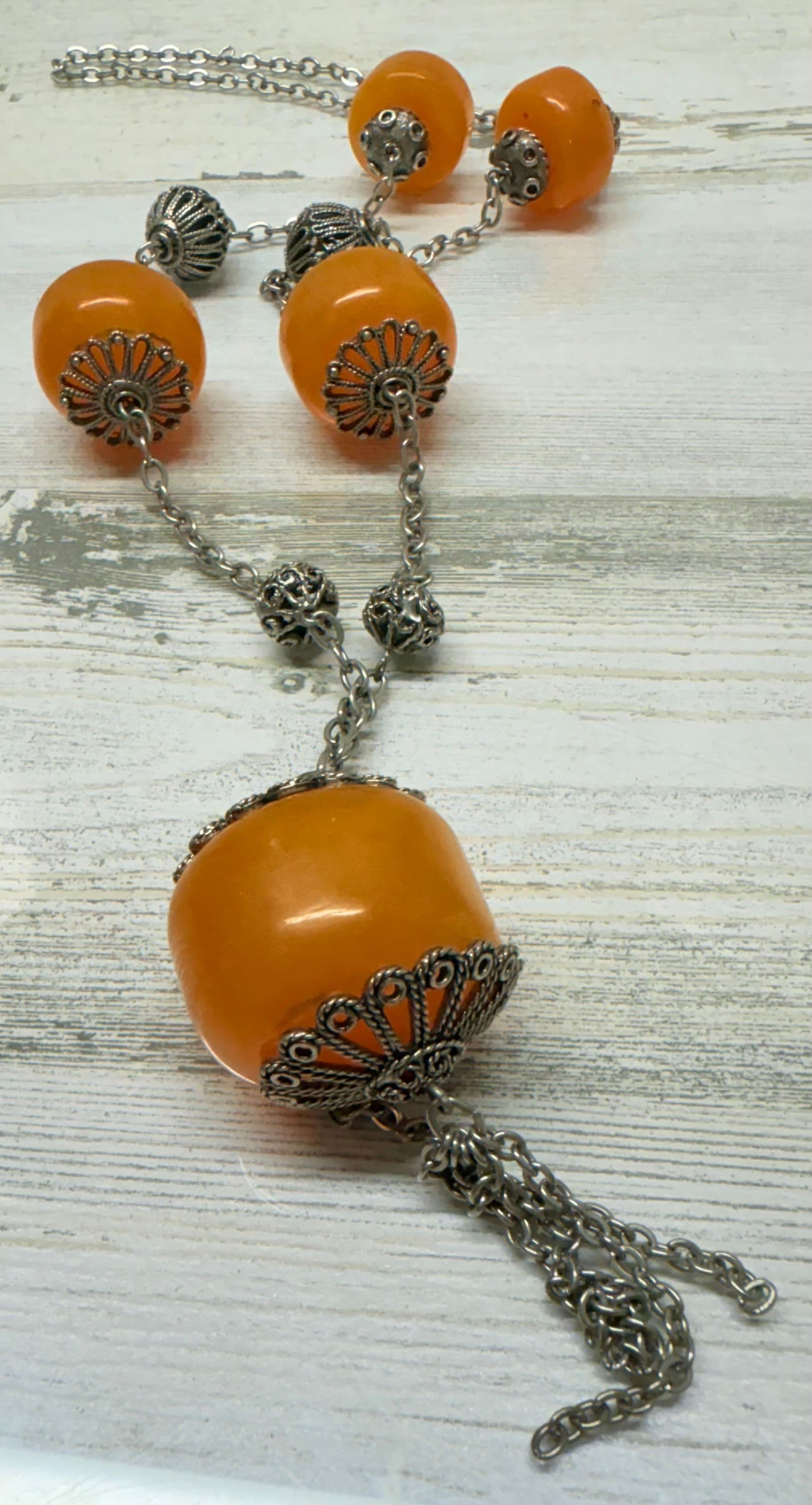 7A. Vintage 1960s Turkish Light Orange Copal Amber & Silver Tone Necklace - Thumbnail 2