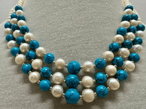 4O. Danbury Mint Triple Strand Freshwater Pearl & Blue Howlite Necklace - Thumbnail 2