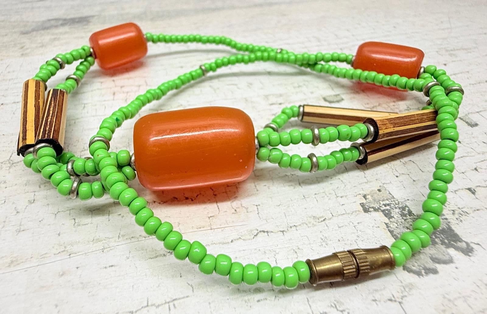 7B. Vintage 1950s African Copal Orange Amber Green Glass Wood Bead Necklace - pre-owned---excellent - Thumbnail 4