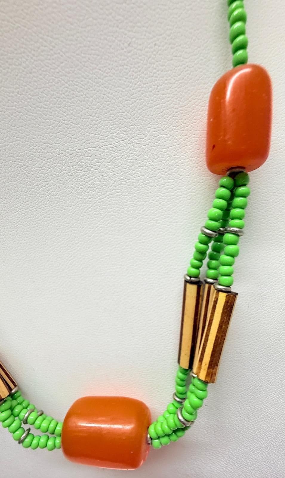 7B. Vintage 1950s African Copal Orange Amber Green Glass Wood Bead Necklace - pre-owned---excellent - Thumbnail 3