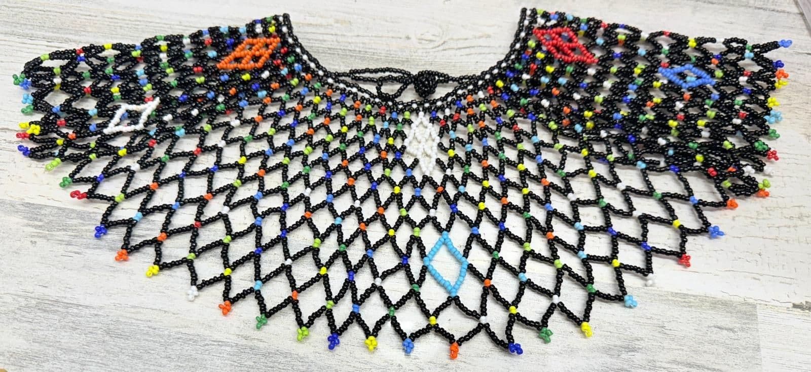 6S. Vintage 1970-90s African Zulu Tribal Glass Bead Bib Multicolor Handmade Collar - Thumbnail 2