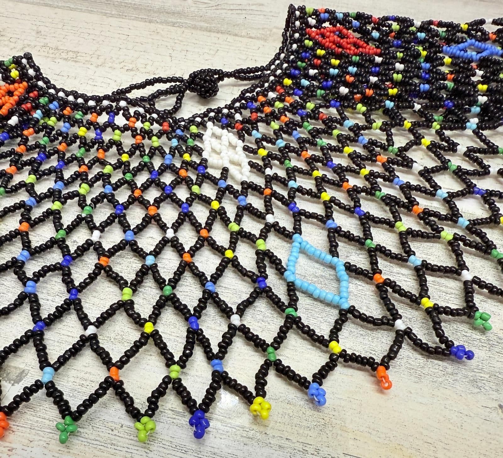 6S. Vintage 1970-90s African Zulu Tribal Glass Bead Bib Multicolor Handmade Collar - Thumbnail 4