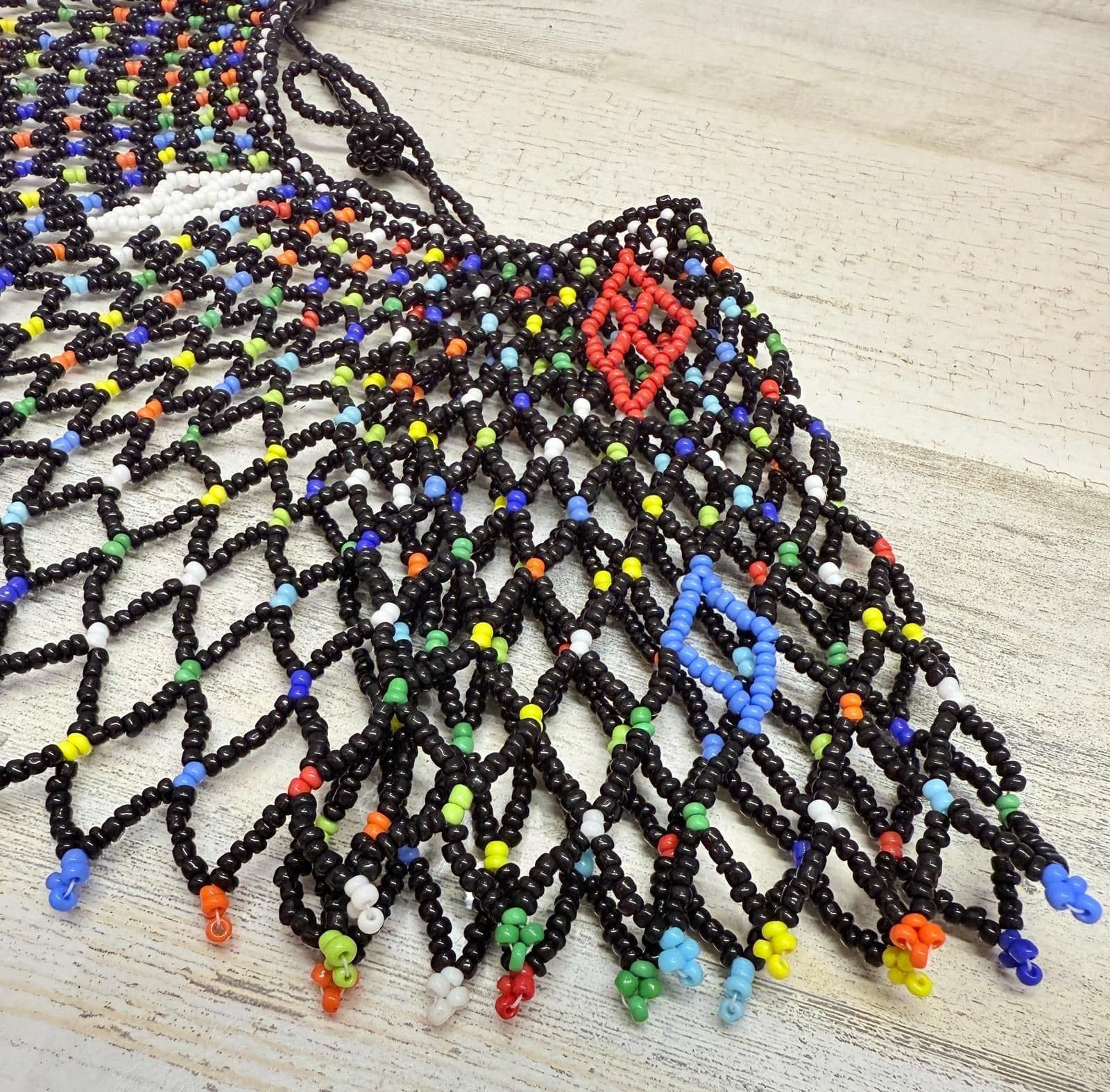 6S. Vintage 1970-90s African Zulu Tribal Glass Bead Bib Multicolor Handmade Collar - Thumbnail 3