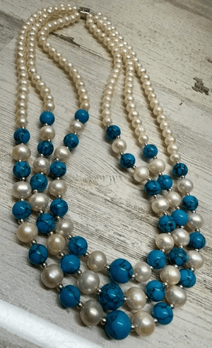 4O. Danbury Mint Triple Strand Freshwater Pearl & Blue Howlite Necklace - Thumbnail 3