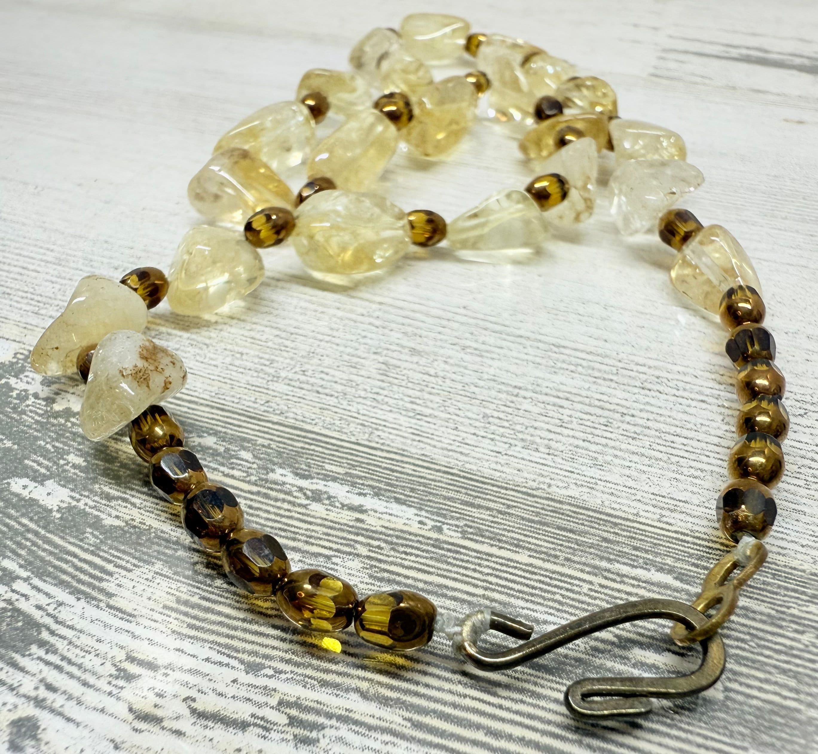 2P. Vintage 1940s Citrine Cabochon & Gold Glass Bead Necklace - Thumbnail 4