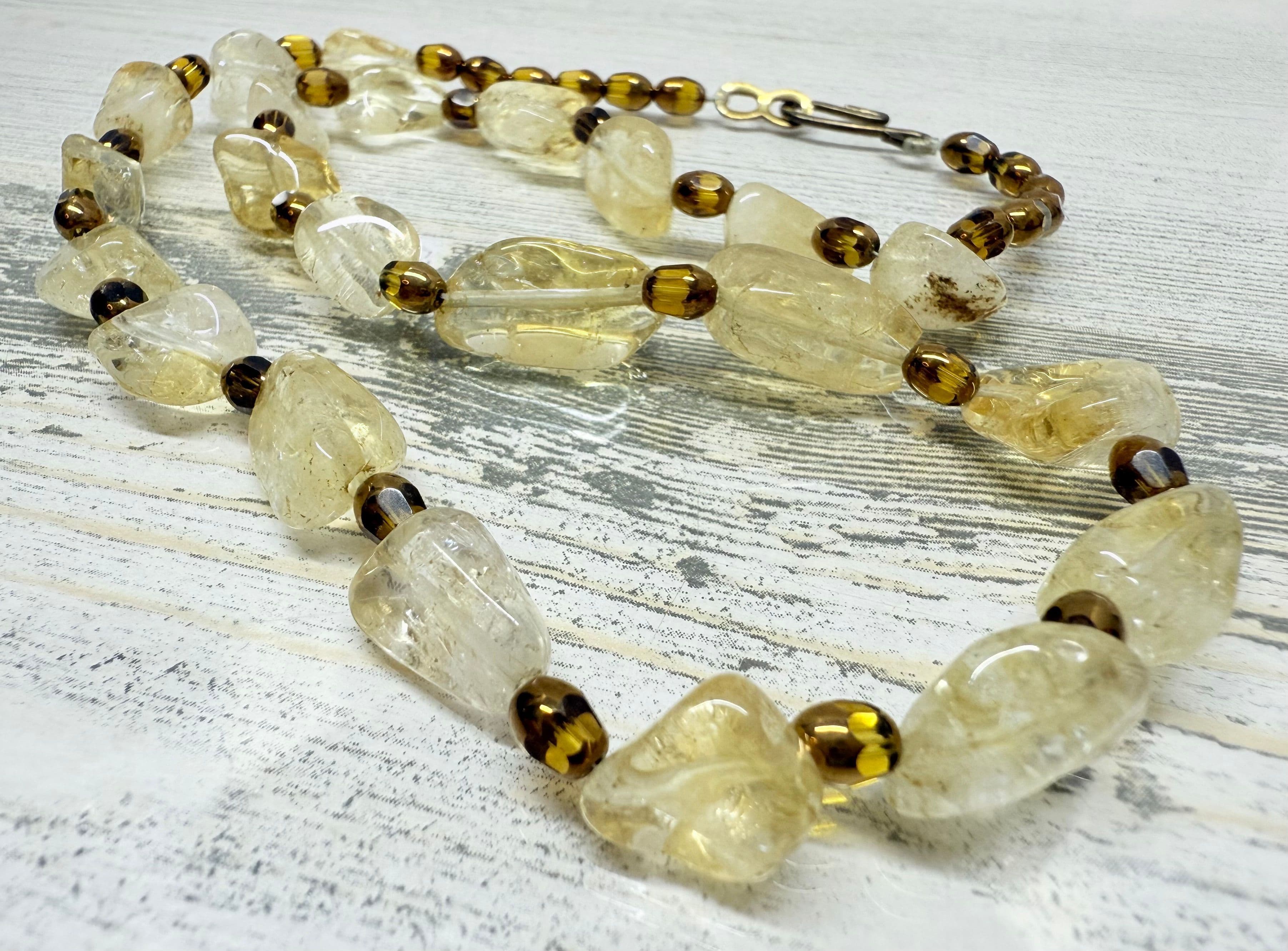 2P. Vintage 1940s Citrine Cabochon & Gold Glass Bead Necklace - Thumbnail 3