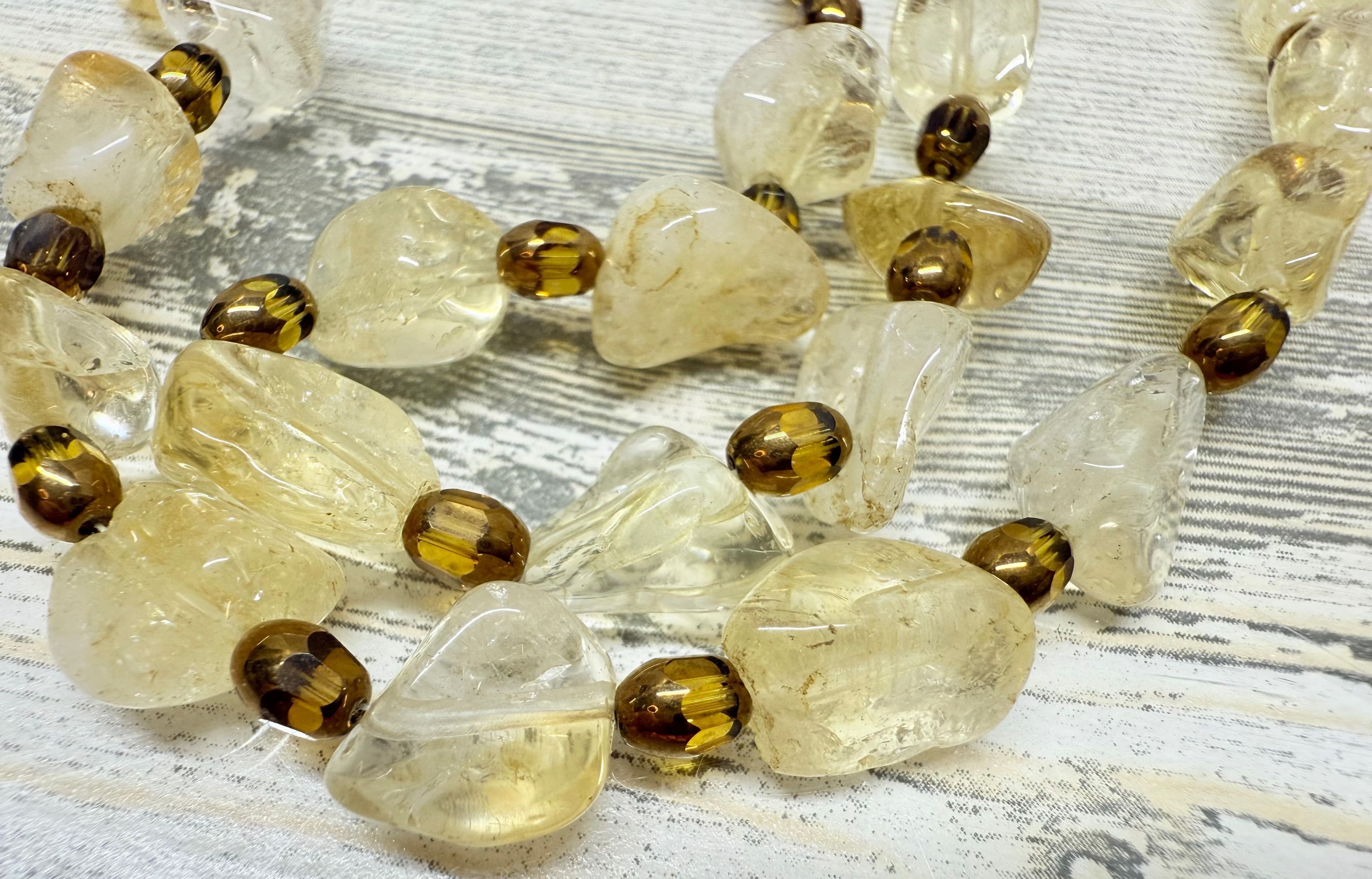 2P. Vintage 1940s Citrine Cabochon & Gold Glass Bead Necklace - Thumbnail 5