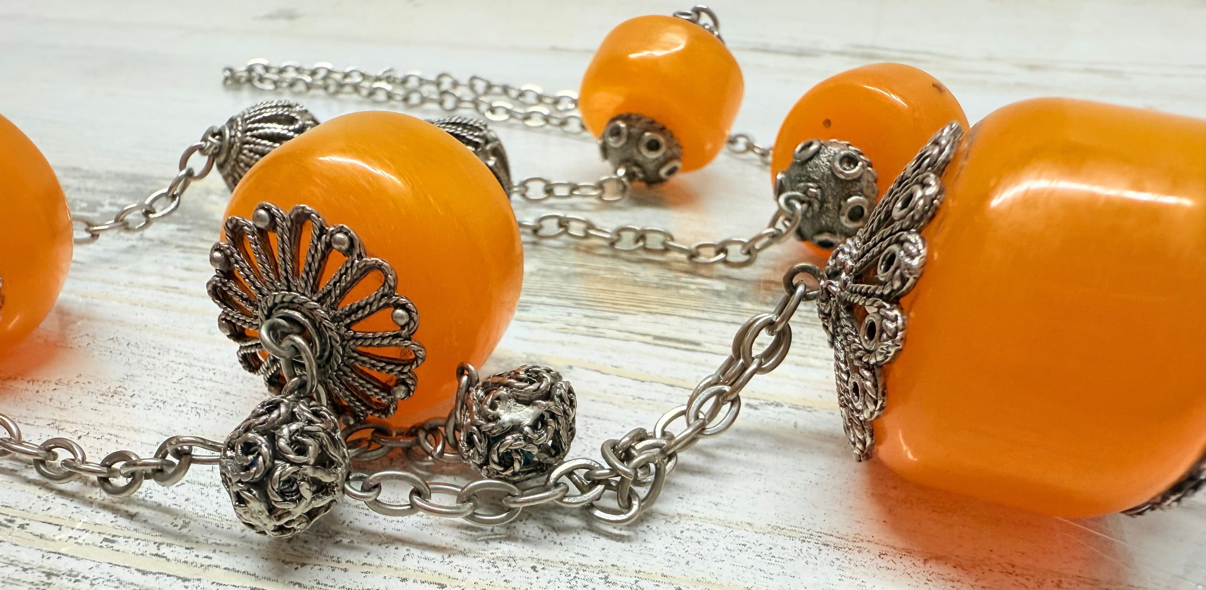 7A. Vintage 1960s Turkish Light Orange Copal Amber & Silver Tone Necklace - Thumbnail 5