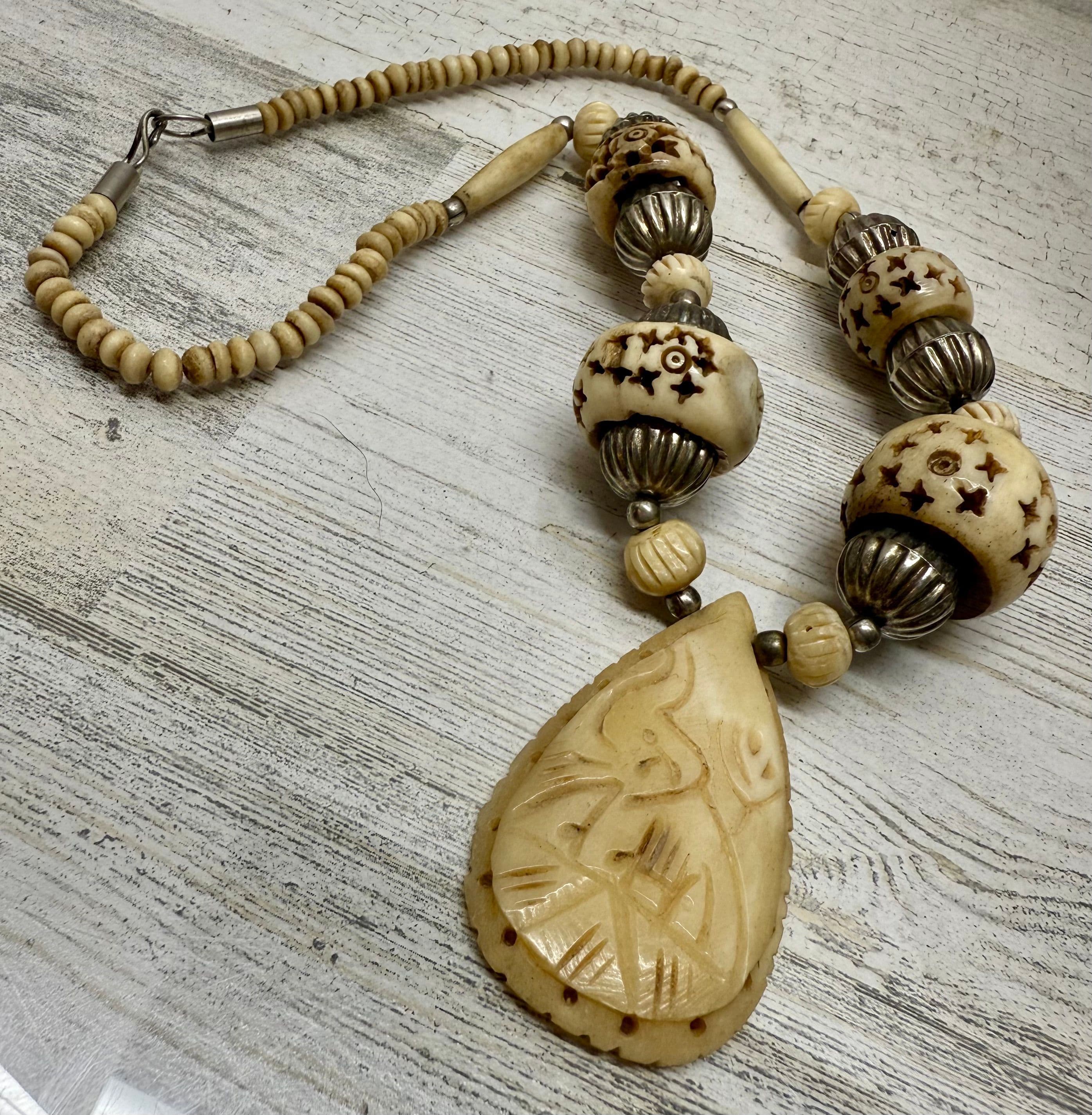 5E. Vintage 1960s Hand Carved Bone Bead & Pendant with Silver Tone Metal Accents - Thumbnail 3
