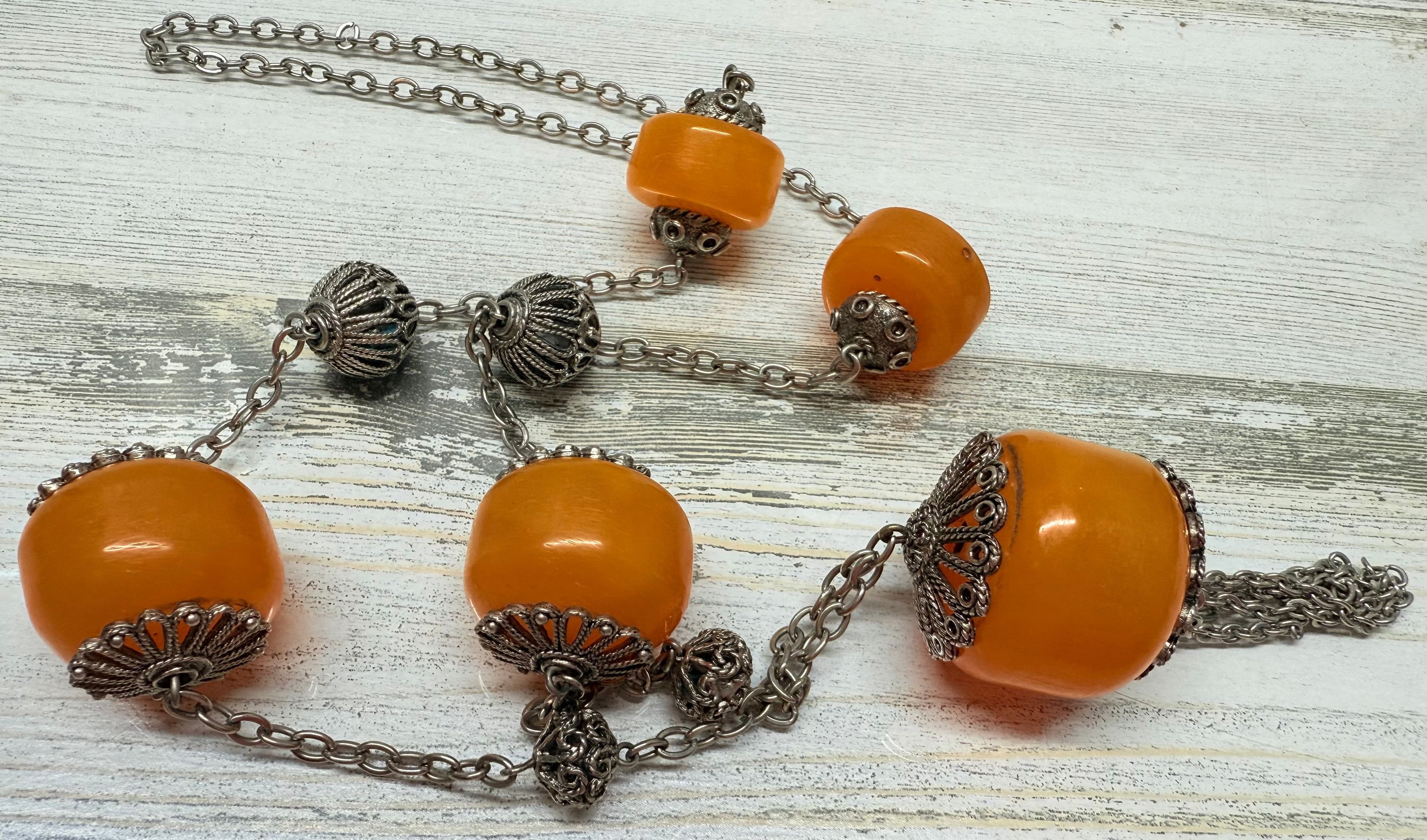 7A. Vintage 1960s Turkish Light Orange Copal Amber & Silver Tone Necklace - Thumbnail 3