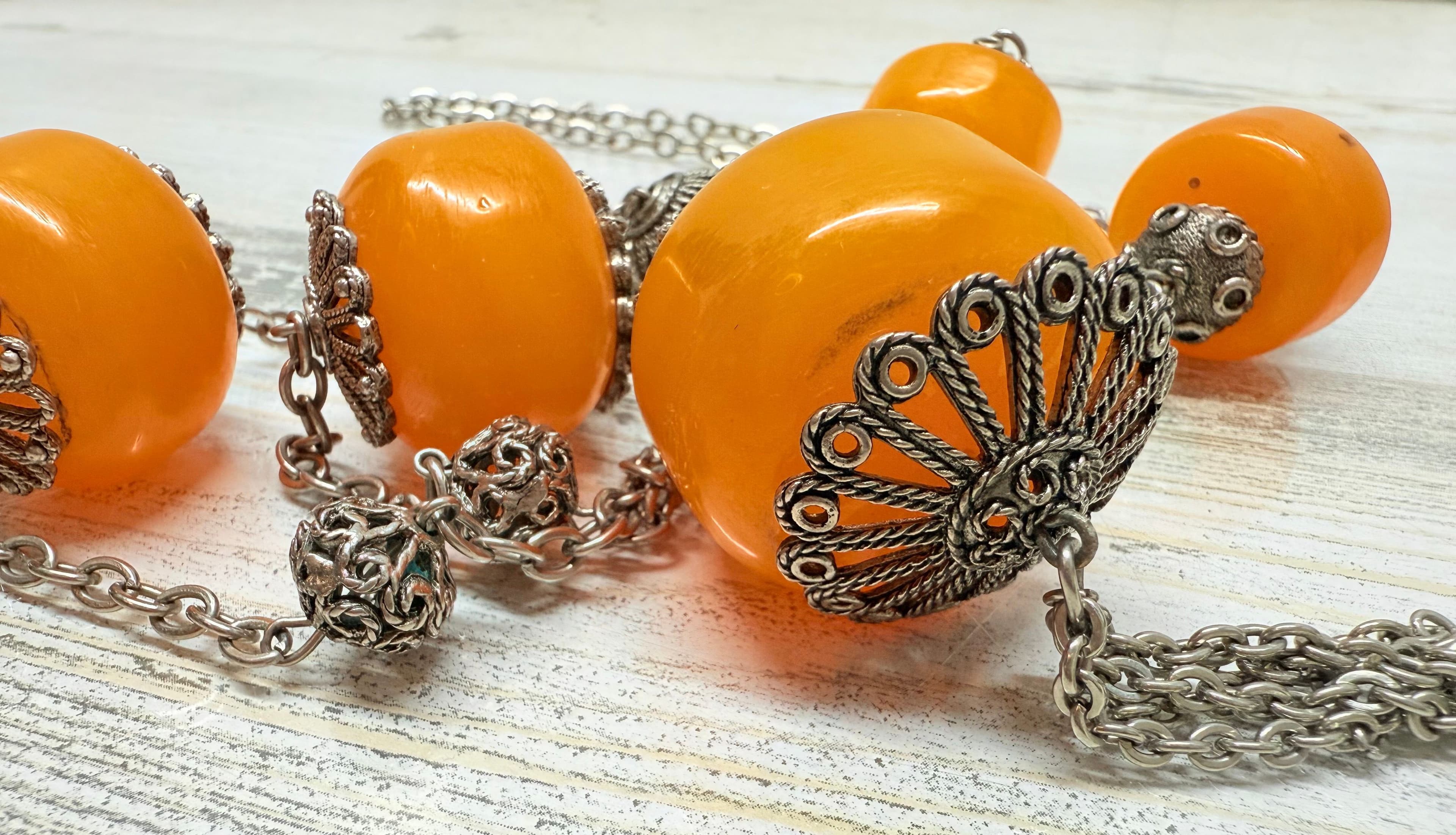 7A. Vintage 1960s Turkish Light Orange Copal Amber & Silver Tone Necklace - Thumbnail 6