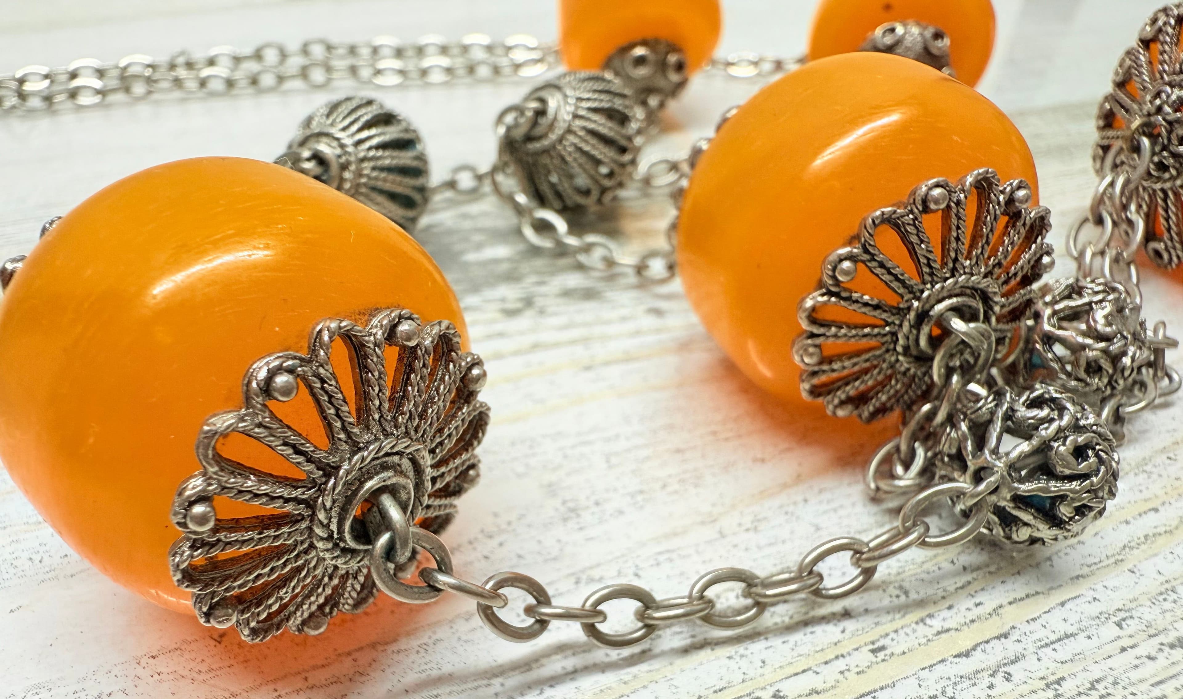 7A. Vintage 1960s Turkish Light Orange Copal Amber & Silver Tone Necklace - Thumbnail 4