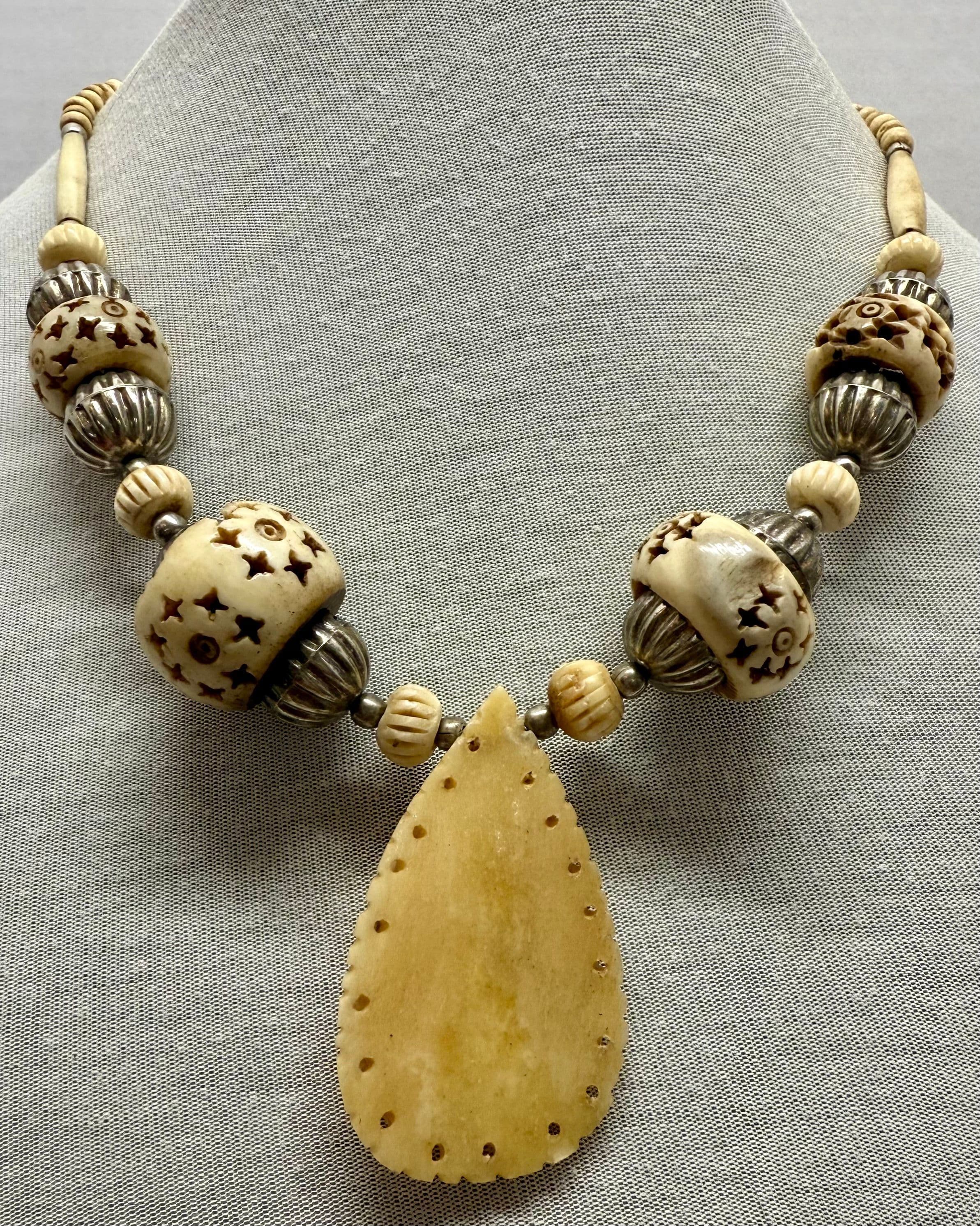 5E. Vintage 1960s Hand Carved Bone Bead & Pendant with Silver Tone Metal Accents - Thumbnail 2
