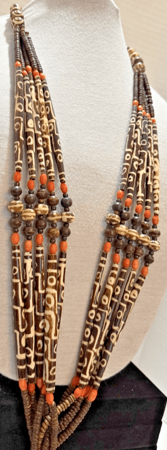 6H. Antique 1850-1900 African Cow Batik Bone Beaded Ceremonial Necklace 28" Long - Thumbnail 2