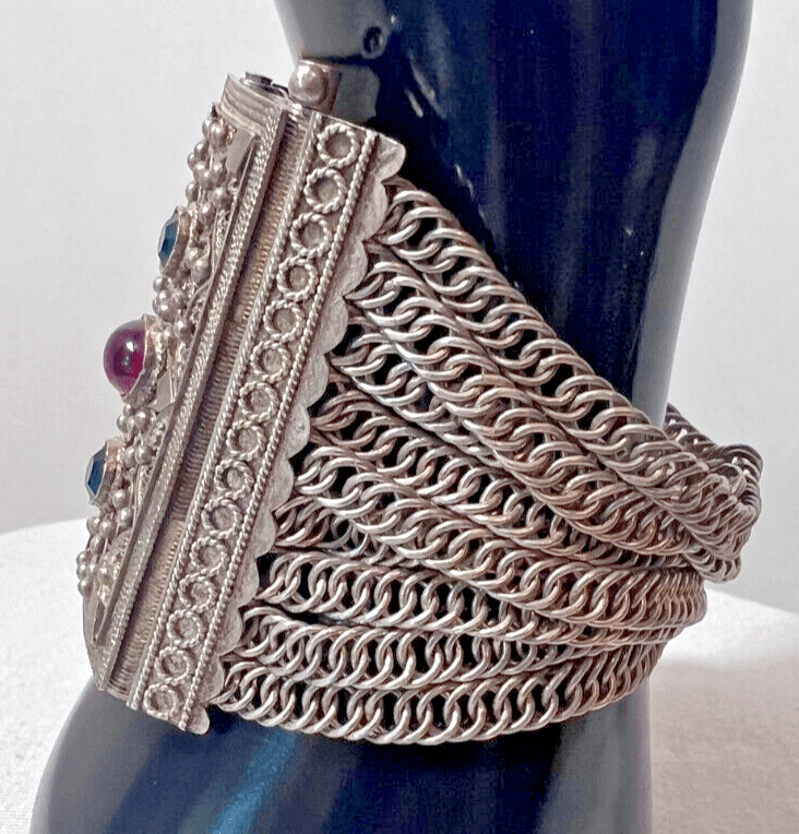 2D. Antique Pre-1790s Bosnian Wedding Bracelet Handmade 925 Red Green Paste Stones - Thumbnail 3
