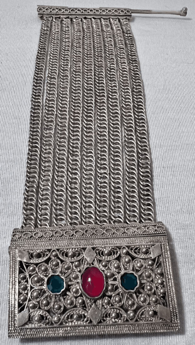 2D. Antique Pre-1790s Bosnian Wedding Bracelet Handmade 925 Red Green Paste Stones - Thumbnail 6
