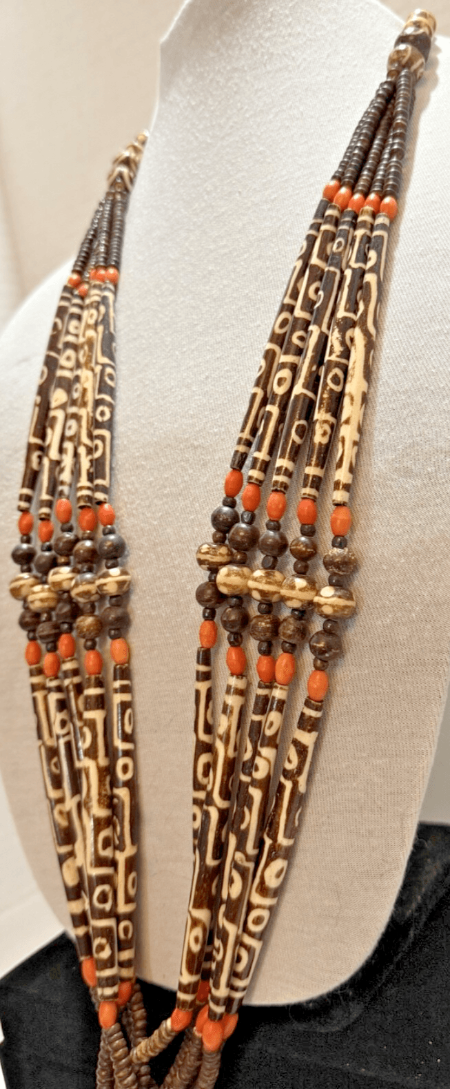 6H. Antique 1850-1900 African Cow Batik Bone Beaded Ceremonial Necklace 28" Long - Thumbnail 3