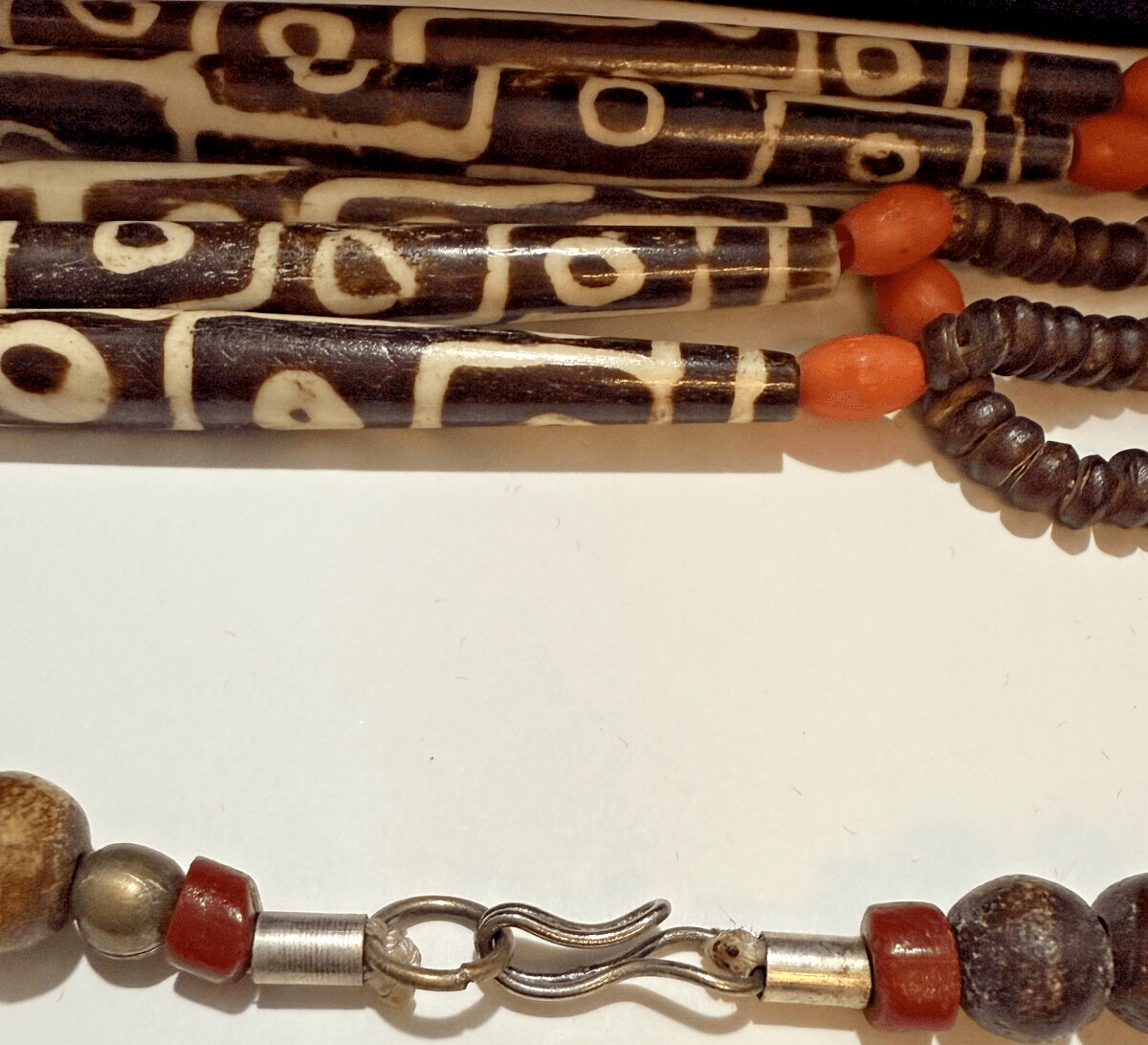 6H. Antique 1850-1900 African Cow Batik Bone Beaded Ceremonial Necklace 28" Long - Thumbnail 8