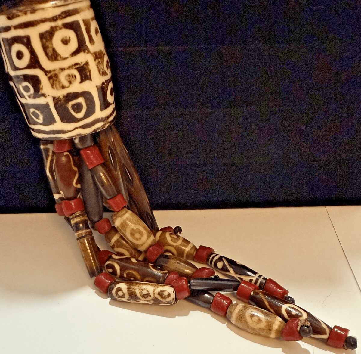 6H. Antique 1850-1900 African Cow Batik Bone Beaded Ceremonial Necklace 28" Long - Thumbnail 6