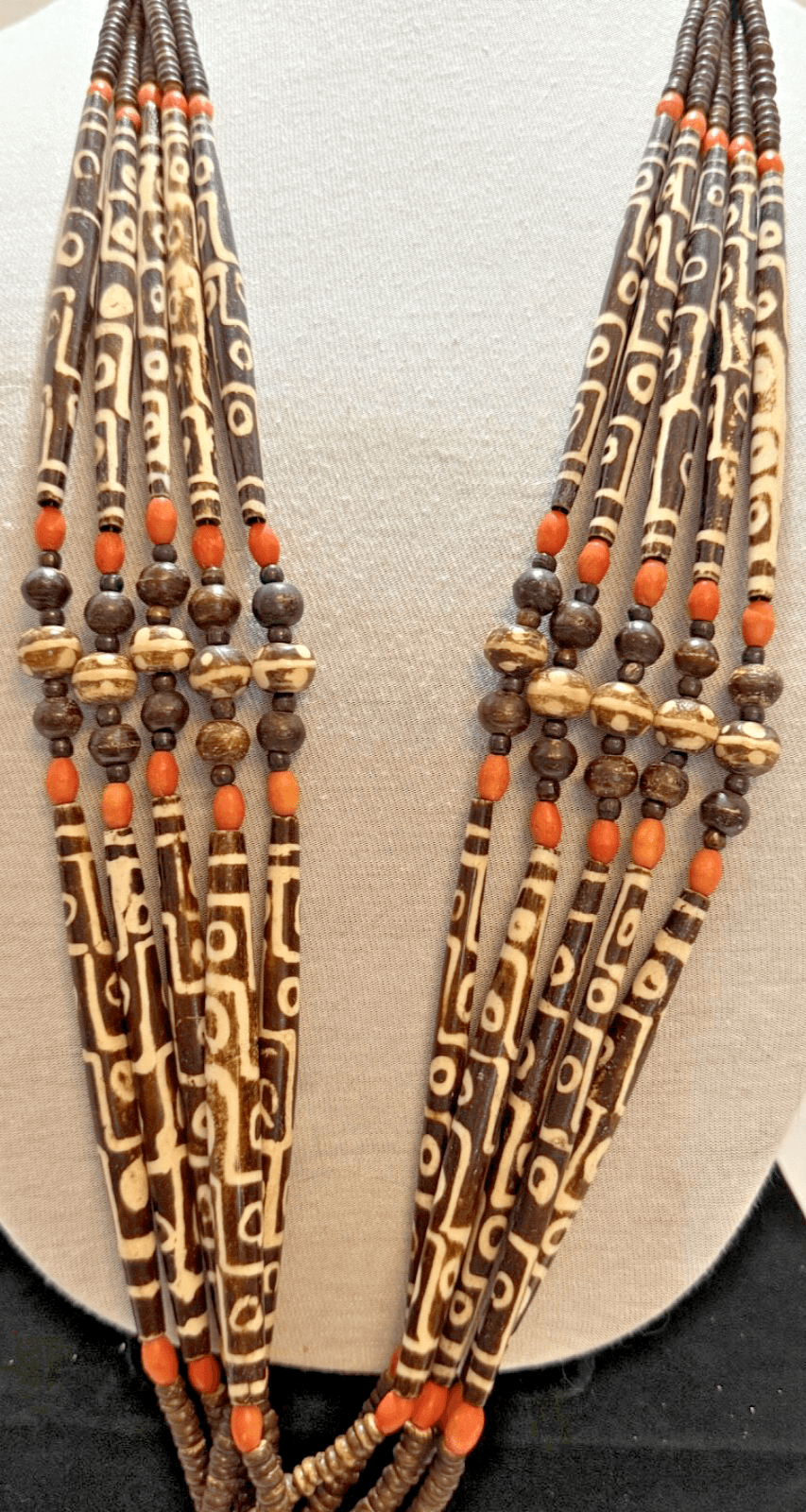 6H. Antique 1850-1900 African Cow Batik Bone Beaded Ceremonial Necklace 28" Long - Thumbnail 4