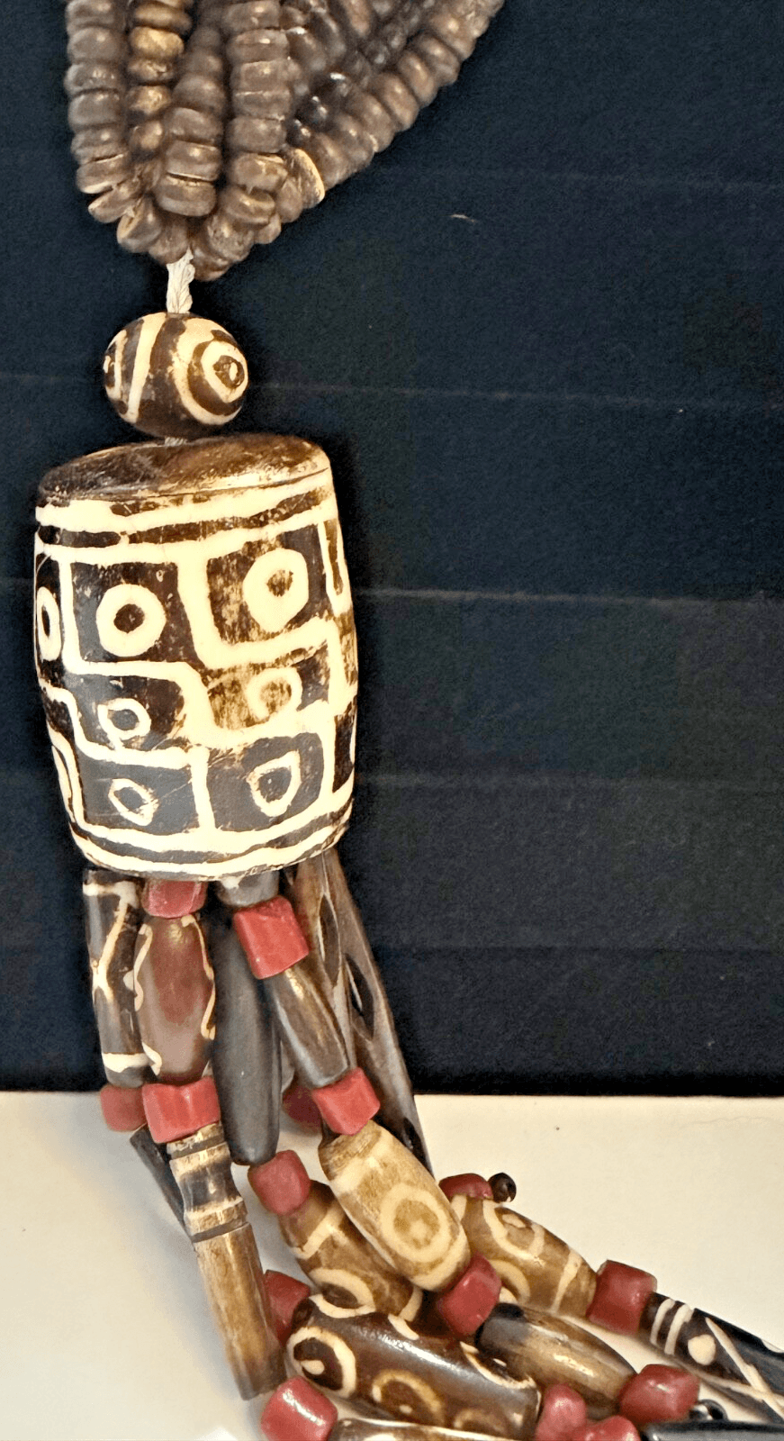 6H. Antique 1850-1900 African Cow Batik Bone Beaded Ceremonial Necklace 28" Long - Thumbnail 5