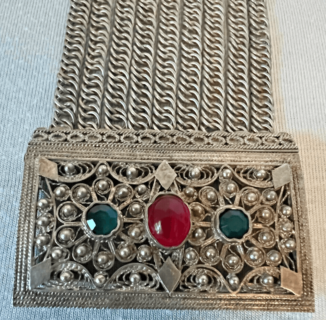 2D. Antique Pre-1790s Bosnian Wedding Bracelet Handmade 925 Red Green Paste Stones - Thumbnail 5