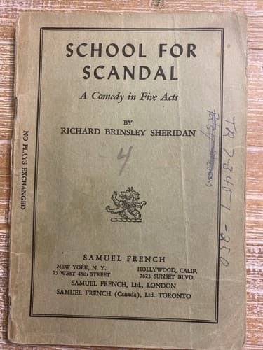 VTG SCHOOL FOR SCANDAL A Comedy in Five Acts by Richard Brinsley Sheridan Play