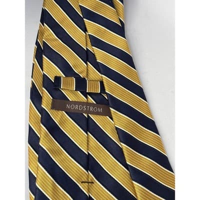 Roundtree Yorke Tie Orange Cream Navy Blue Stripes All Silk Handmade 60" Long - Thumbnail 2