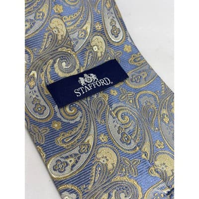 Stafford Blue, Gold and Grey Paisley 100% Silk Tie - Thumbnail 3