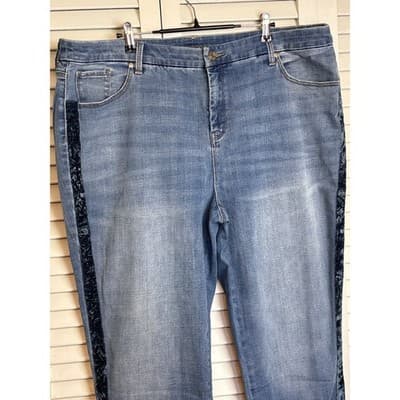 Chico's Blue Girlfriend Slim Leg Velvet Side Stripe Denim Jeans Women's Size 4R - Thumbnail 2
