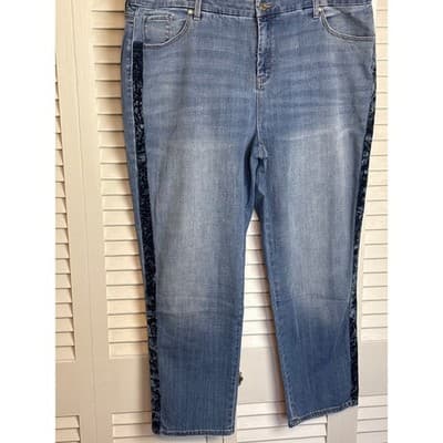 Chico's Blue Girlfriend Slim Leg Velvet Side Stripe Denim Jeans Women's Size 4R - Thumbnail 3