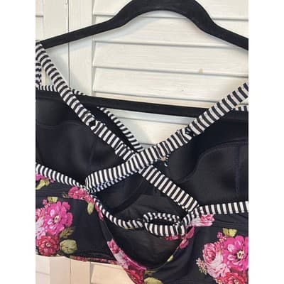 Torrid Black Floral Striped Longline Bikini Swim Top Underwire Women's Size 4 - Thumbnail 4