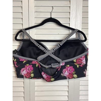 Torrid Black Floral Striped Longline Bikini Swim Top Underwire Women's Size 4 - Thumbnail 3