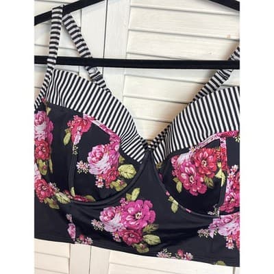 Torrid Black Floral Striped Longline Bikini Swim Top Underwire Women's Size 4 - Thumbnail 2