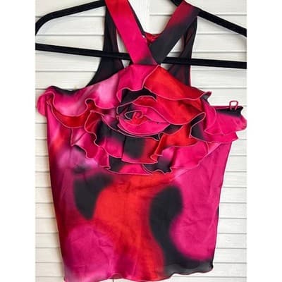 Express Pink Red Floral Ruffle Rosette Halter Neck Top Blouse Women's Size XS - Thumbnail 2