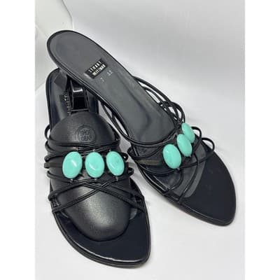 Stuart Weitzman Black Turquoise Cabochon Strappy Kitten Heel Sandal Women's 7 AA