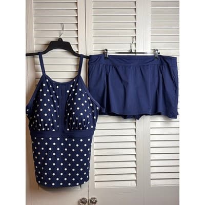 Lands' End Navy Polka Dot Tummy Hiding Tankini Swimsuit Top Women's Size 18W
