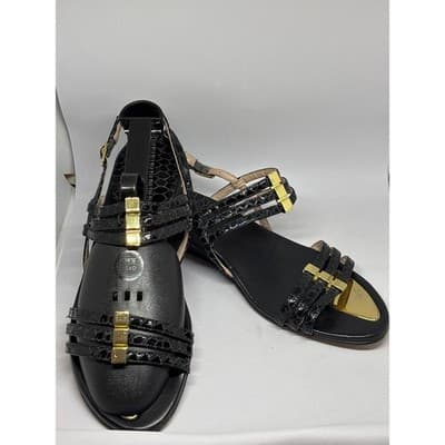Stuart Weitzman Black Snake Embossed Leather Strappy Wedge Sandals Women's 7M