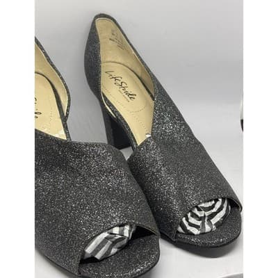 Life Stride Black Glitter Sparkly Caren Peep Toe Heeled Sandals Women's 9M - Thumbnail 6