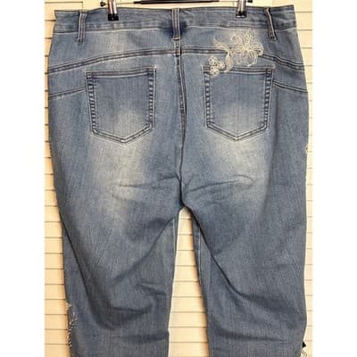 Slim-Sation Blue Floral Embroidered Tassel Crop Denim Jeans Women's Size 18 - Thumbnail 7