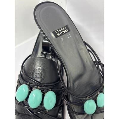 Stuart Weitzman Black Turquoise Cabochon Strappy Kitten Heel Sandal Women's 7 AA - Thumbnail 4