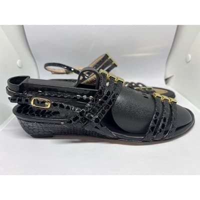 Stuart Weitzman Black Snake Embossed Leather Strappy Wedge Sandals Women's 7M - Thumbnail 6