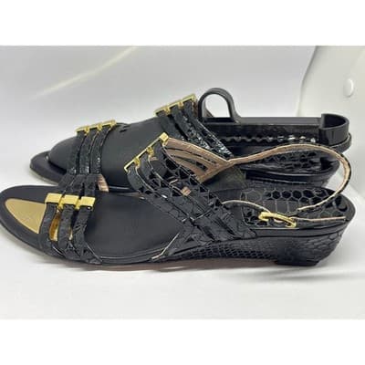 Stuart Weitzman Black Snake Embossed Leather Strappy Wedge Sandals Women's 7M - Thumbnail 5
