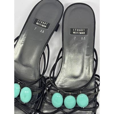 Stuart Weitzman Black Turquoise Cabochon Strappy Kitten Heel Sandal Women's 7 AA - Thumbnail 8