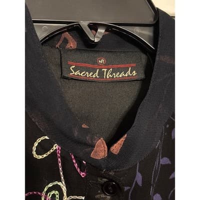 Sacred Threads Black Patchwork Boho Sheer Button Up Shirt Women's Size S/M - Thumbnail 4