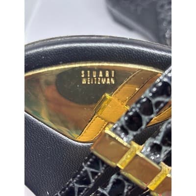 Stuart Weitzman Black Snake Embossed Leather Strappy Wedge Sandals Women's 7M - Thumbnail 7