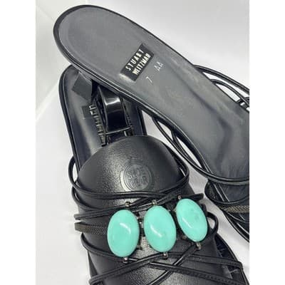 Stuart Weitzman Black Turquoise Cabochon Strappy Kitten Heel Sandal Women's 7 AA - Thumbnail 3